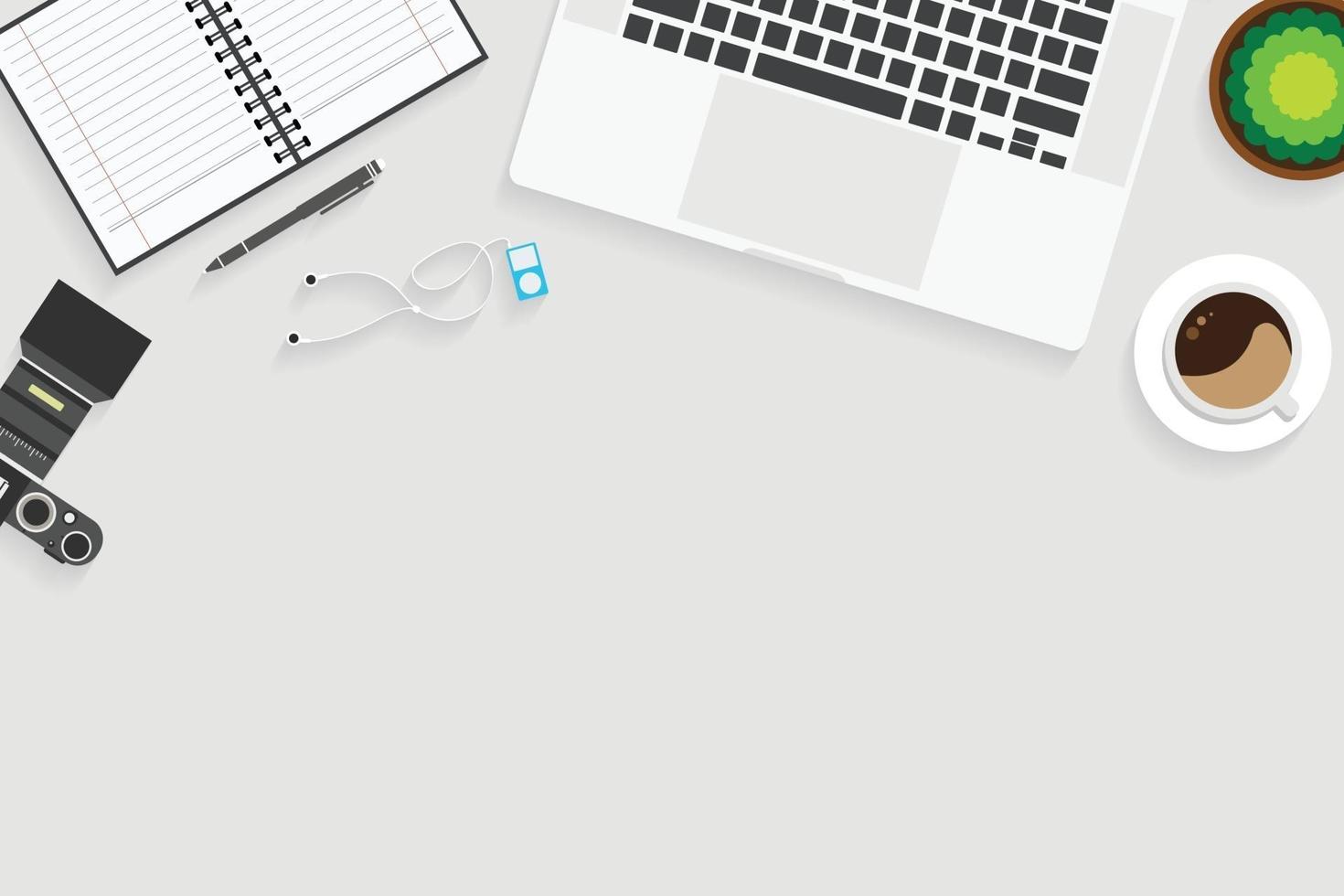 Flat design, Top view of working table with accessory on desk. vector