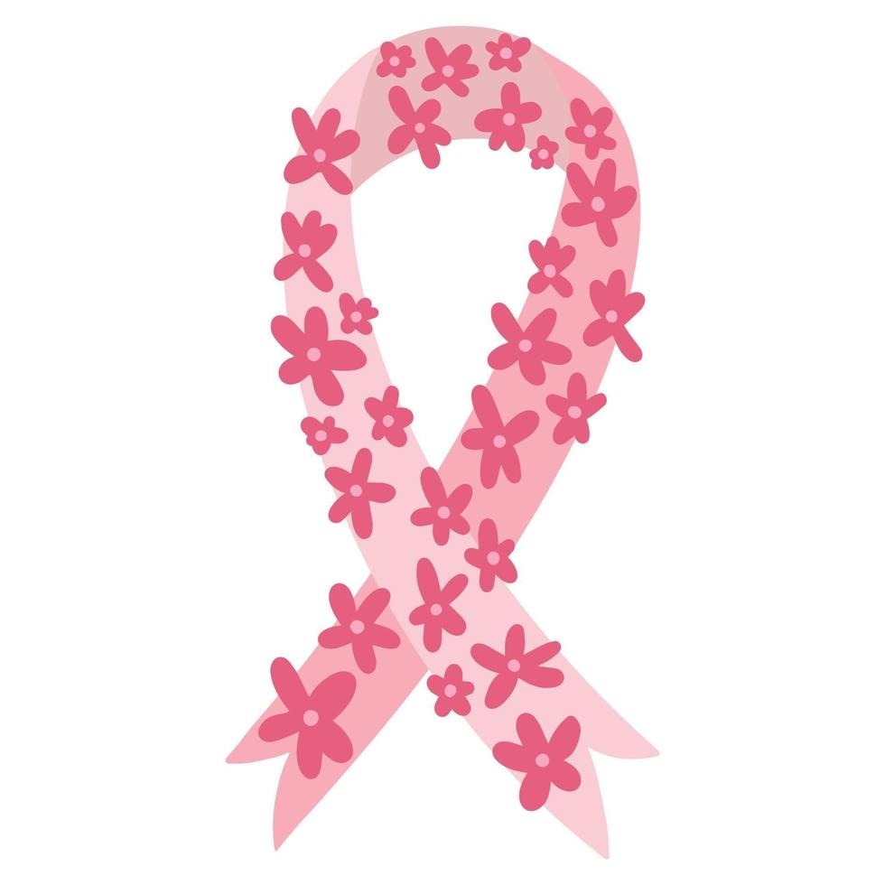 Pink ribbon - breast cancer awareness symbol silhouette, flowers vector