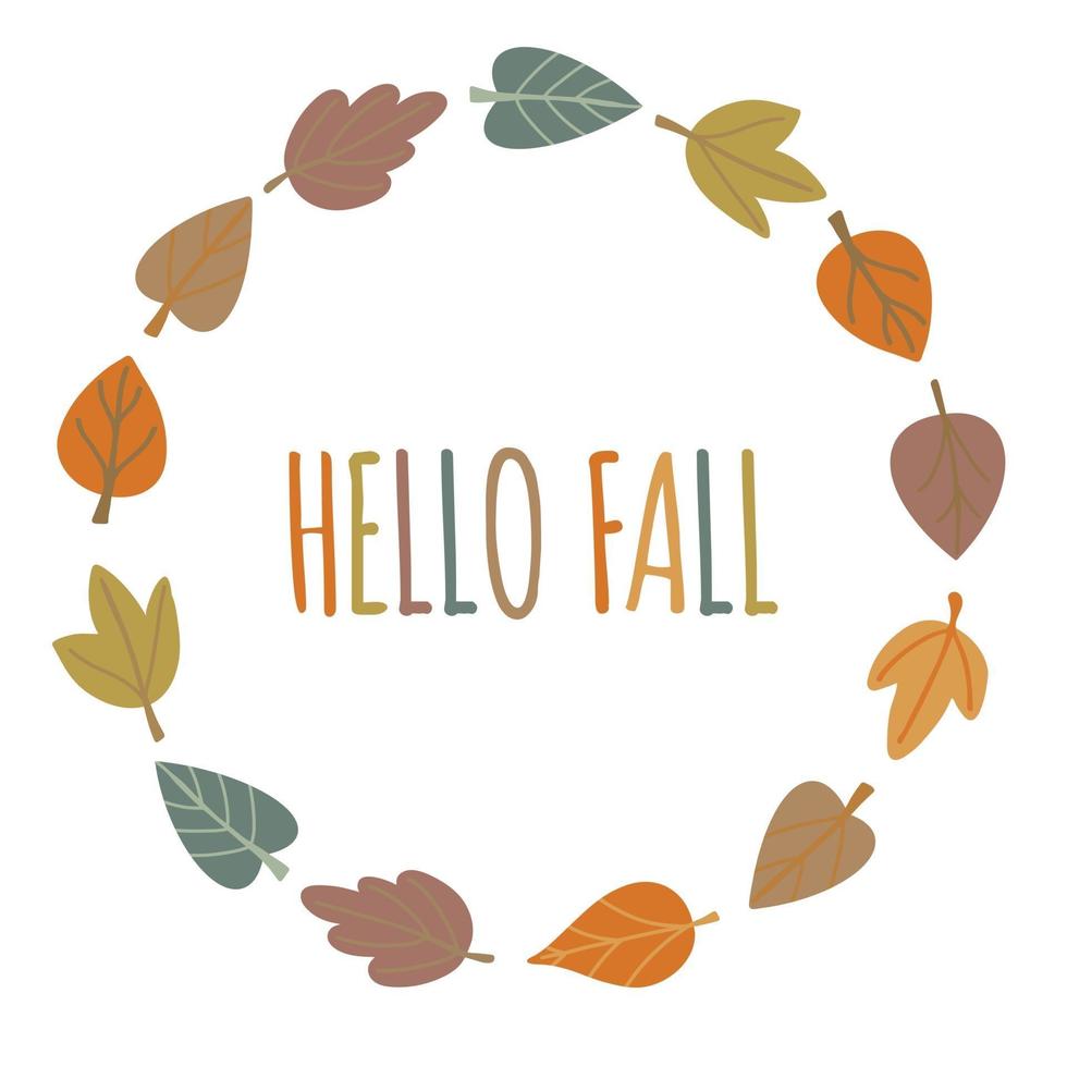 wreath round frame with colorful leaves foliage. Hello fall text vector
