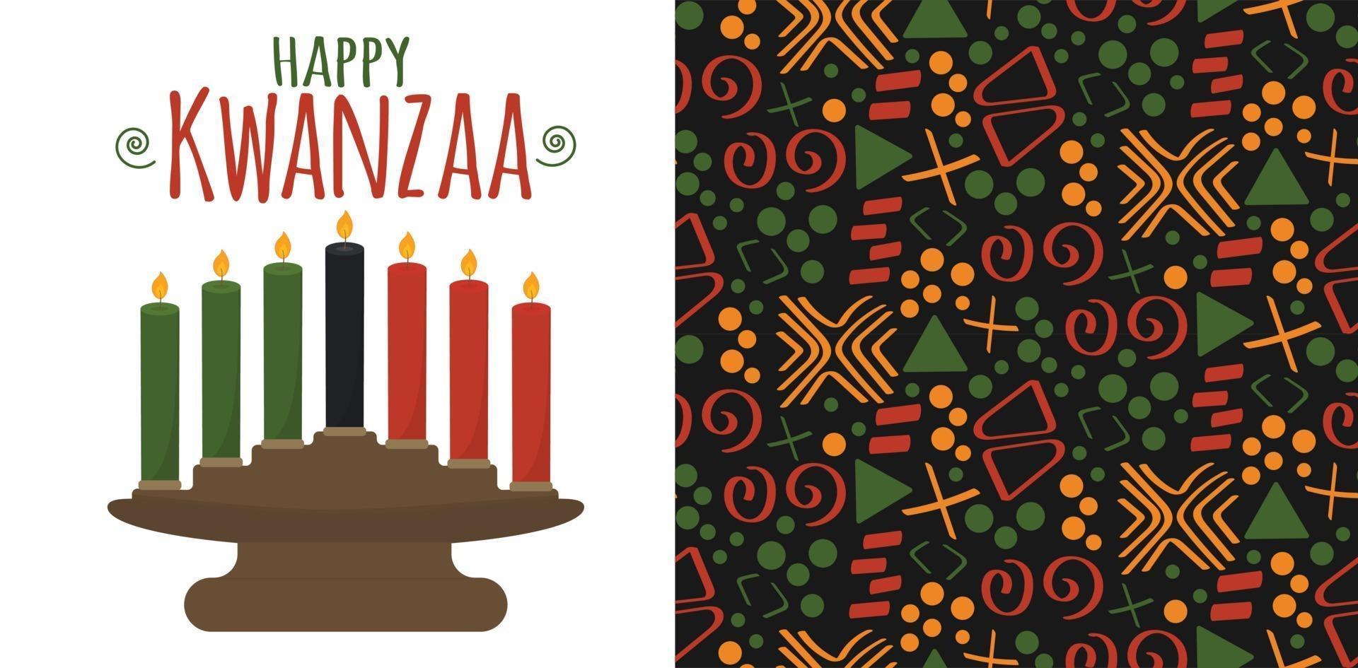 feliz kwanzaa - conjunto de tarjeta de felicitación, patrón étnico africano sin costuras vector