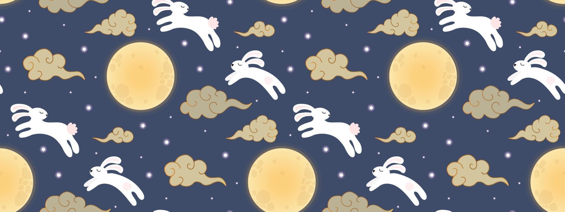 Festive Mid Autumn Festival seamless pattern with rabbits, moon, sky vector