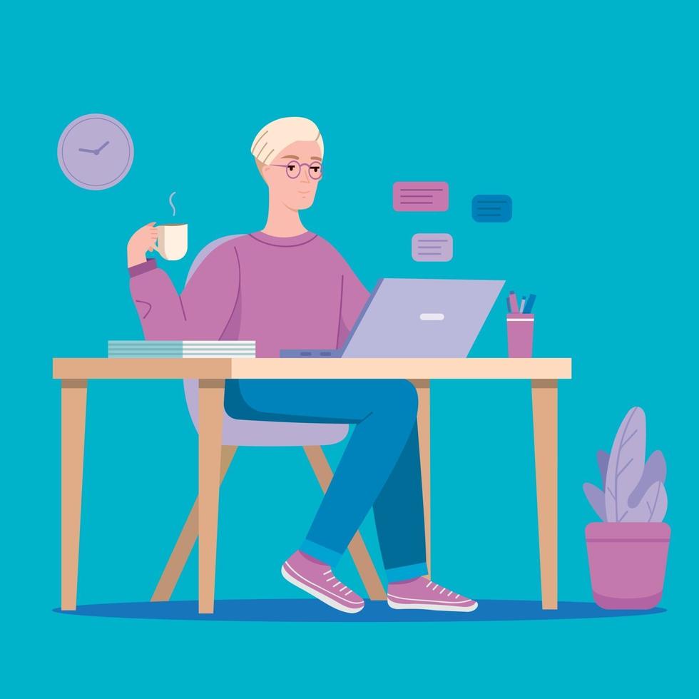 A freelancer working on a laptop at home vector