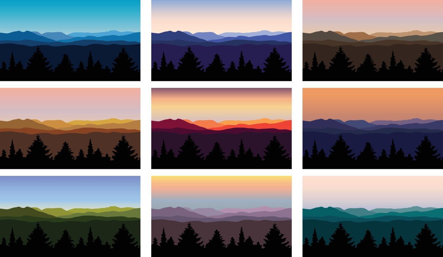 ilustraciones de vectores de paisaje de montaña con árboles y cielos
