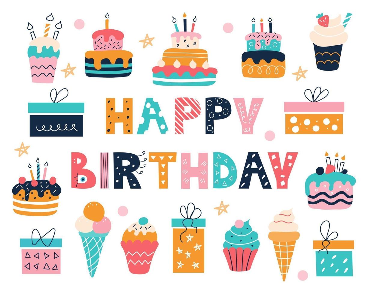 Bright birthday set with an inscription in the doodle style vector