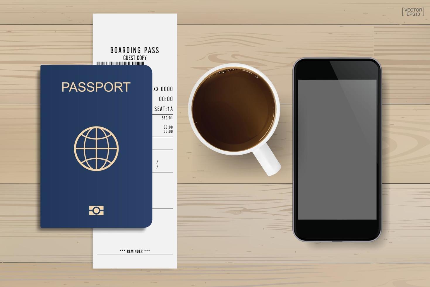 Passport, boarding pass ticket, cup and smartphone on wood. vector