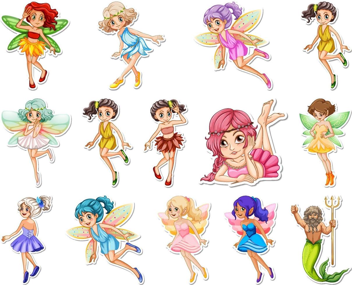 conjunto de pegatinas con hermosas hadas y personaje de dibujos animados de sirena vector