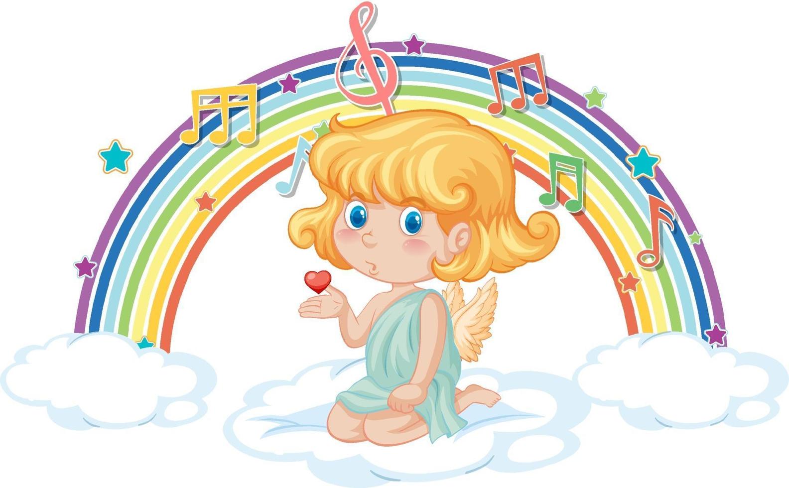 Cupido niña en la nube con símbolos de melodía en arco iris vector
