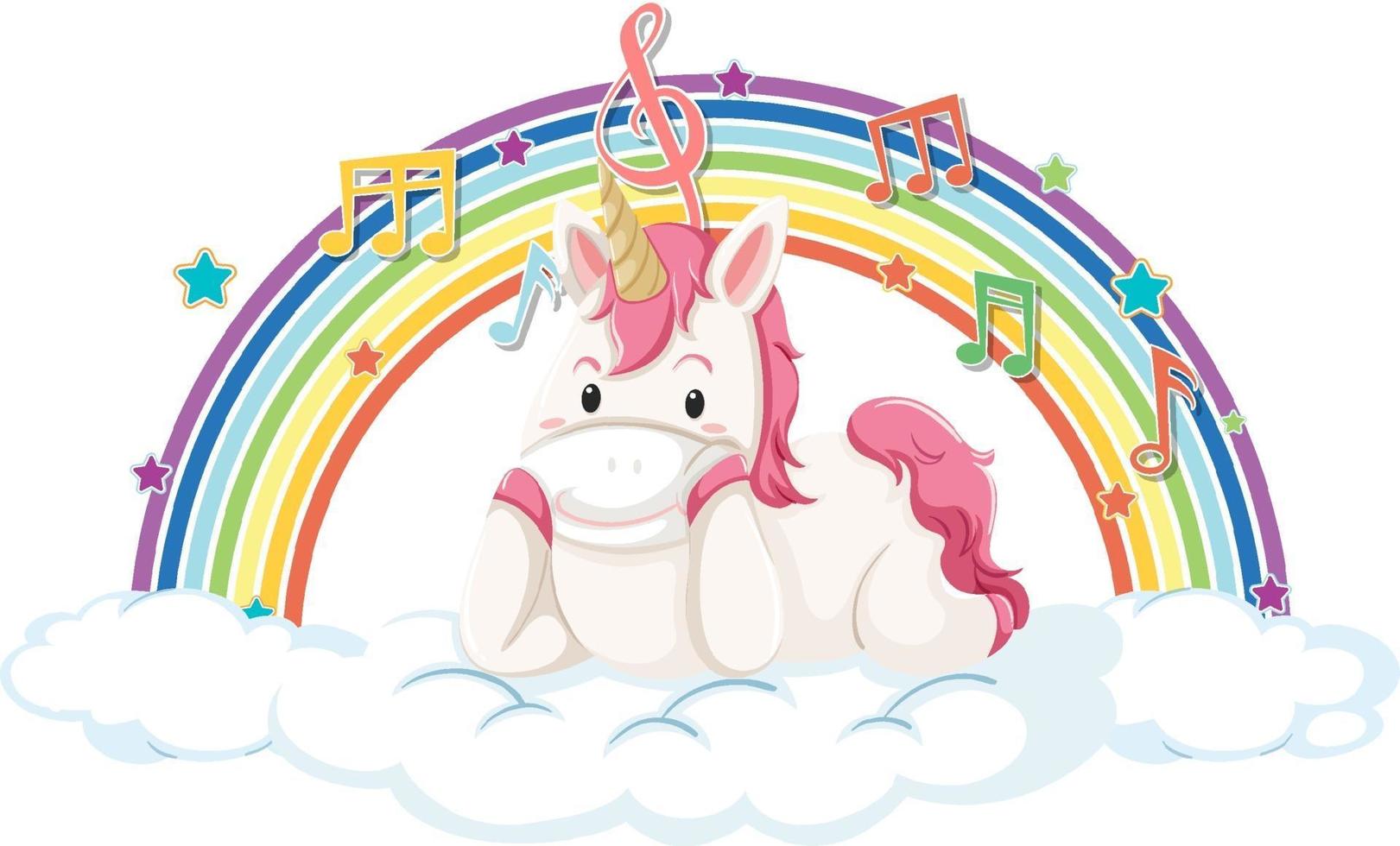 Unicorn laying on cloud with rainbow and melody symbol vector