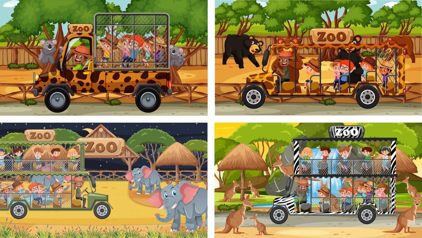 Set of different safari scenes with animals and kids cartoon character vector
