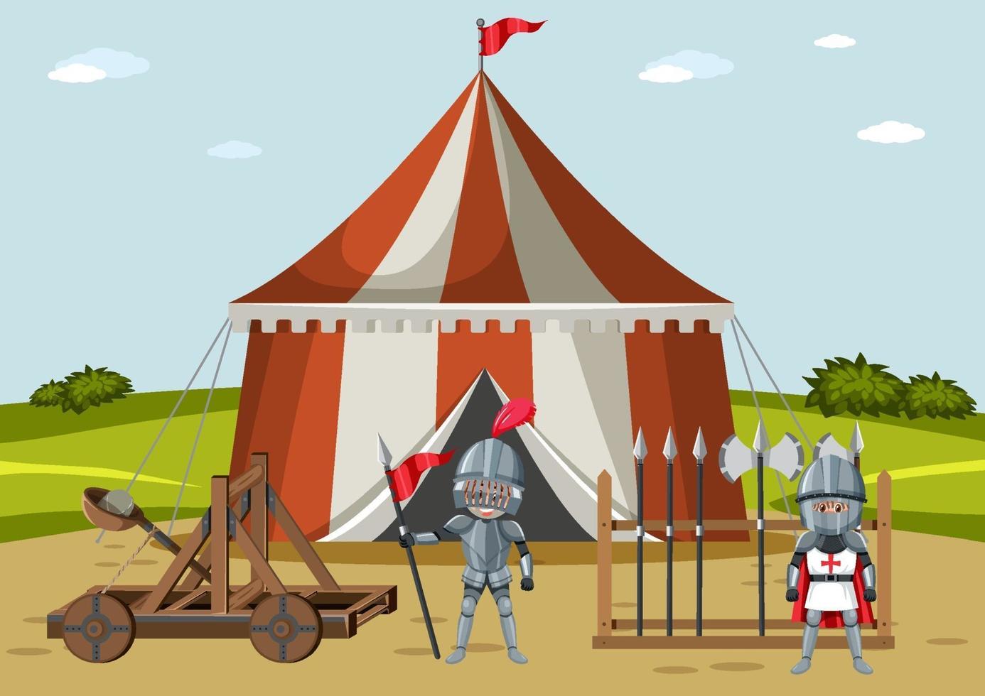 Campamento militar medieval con dos guerreros. vector