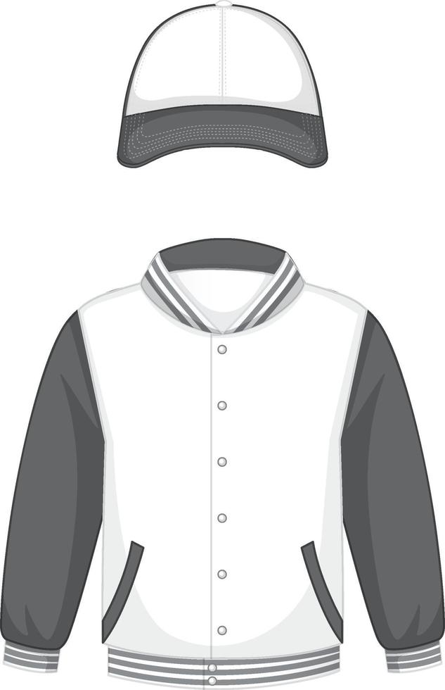 Front of basic white and grey bomber jacket and cap isolated vector