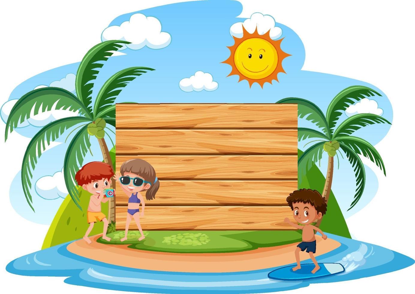 Plantilla de banner vacío con niños de vacaciones en la playa. vector