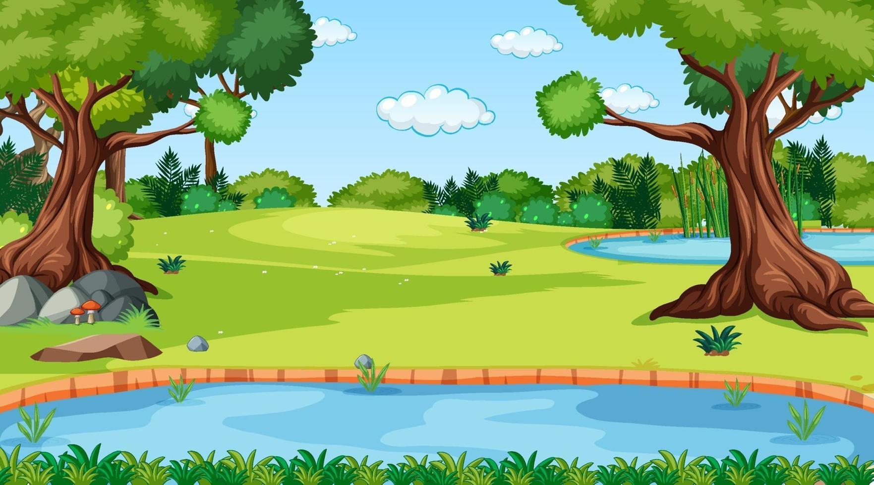 Nature forest landscape at daytime with river flowing through forest vector