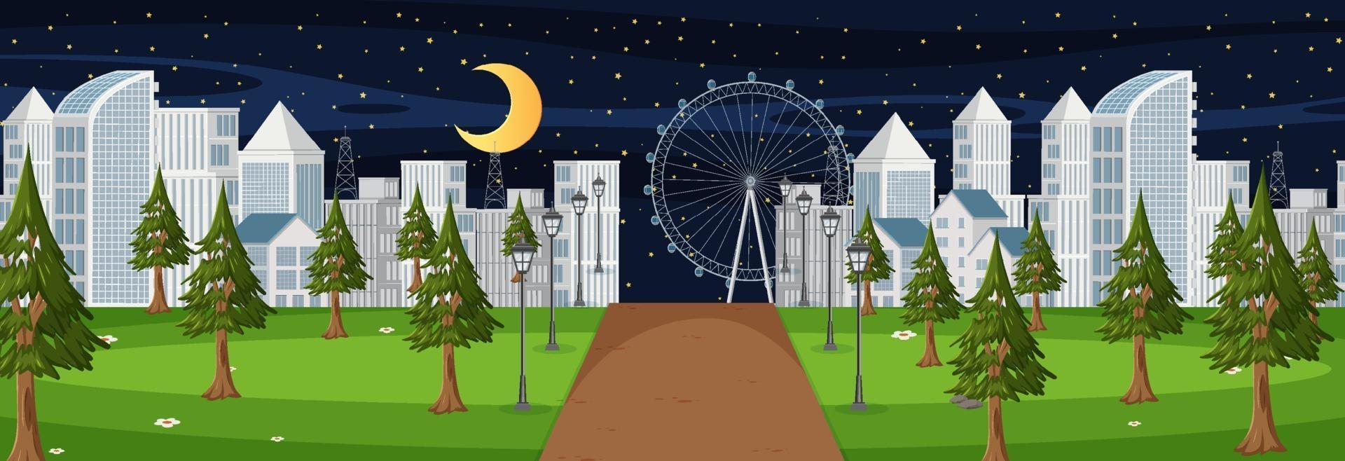 Scene with long road through the park into the town at night vector