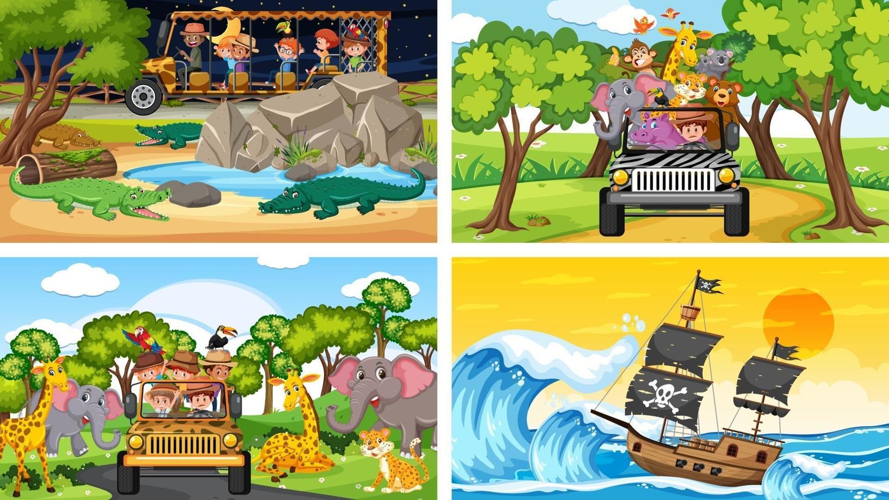 Different scenes with animals in the zoo and pirate ship at the sea vector