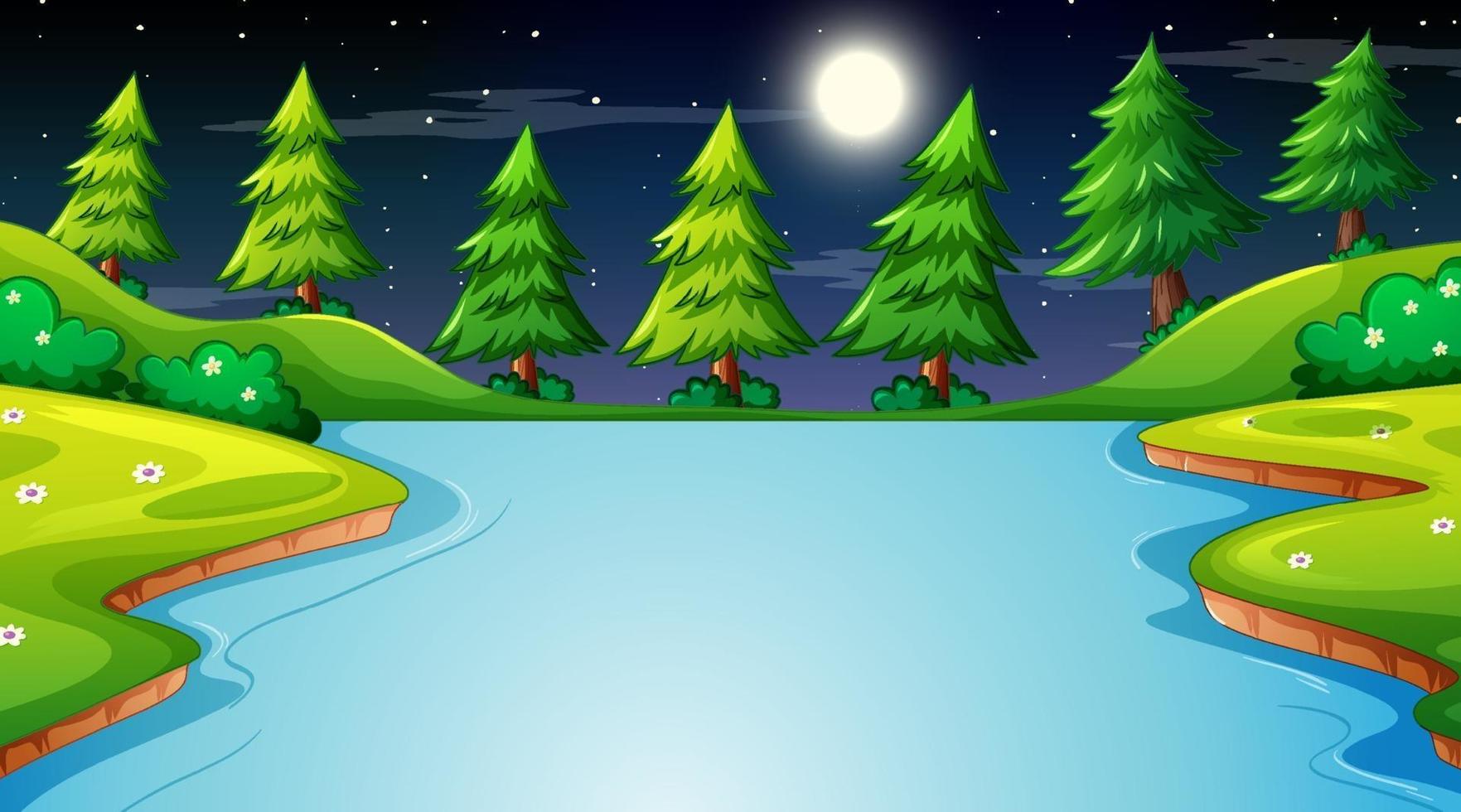 Nature forest at night with long river flowing through the meadow vector