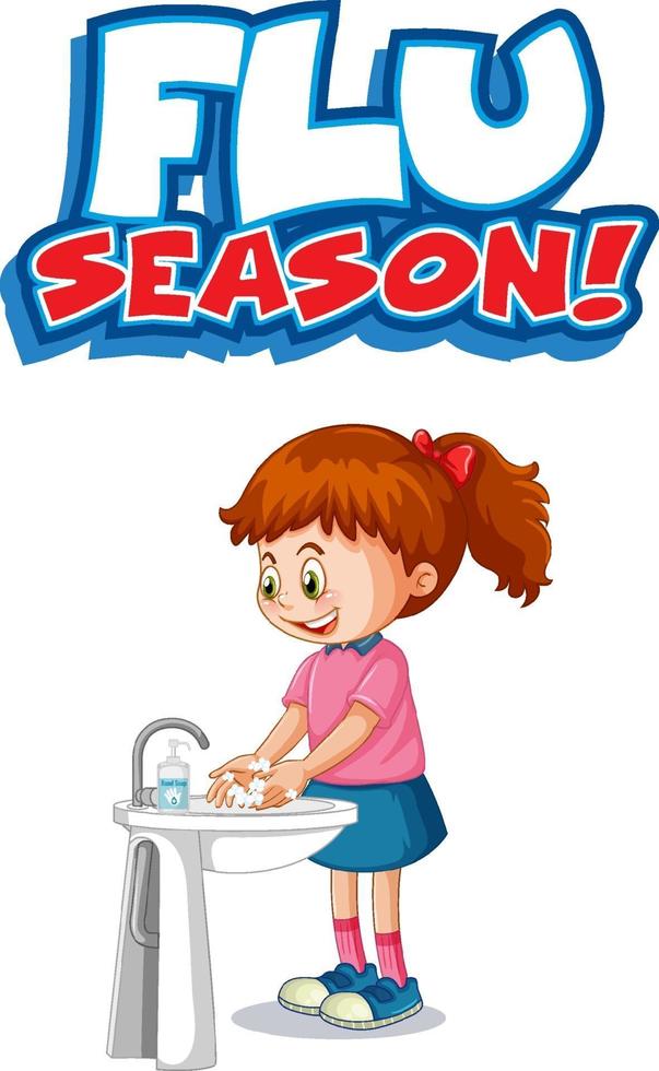 Flu Season font with a girl washing her hands on white background vector