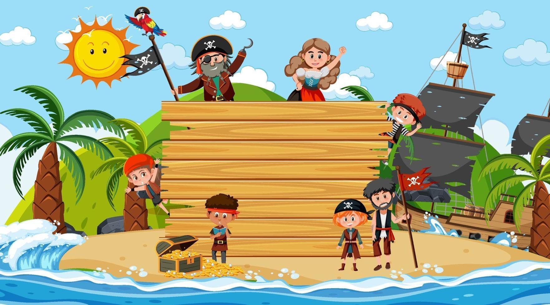 Tabla de madera vacía con muchos niños piratas en la playa. vector