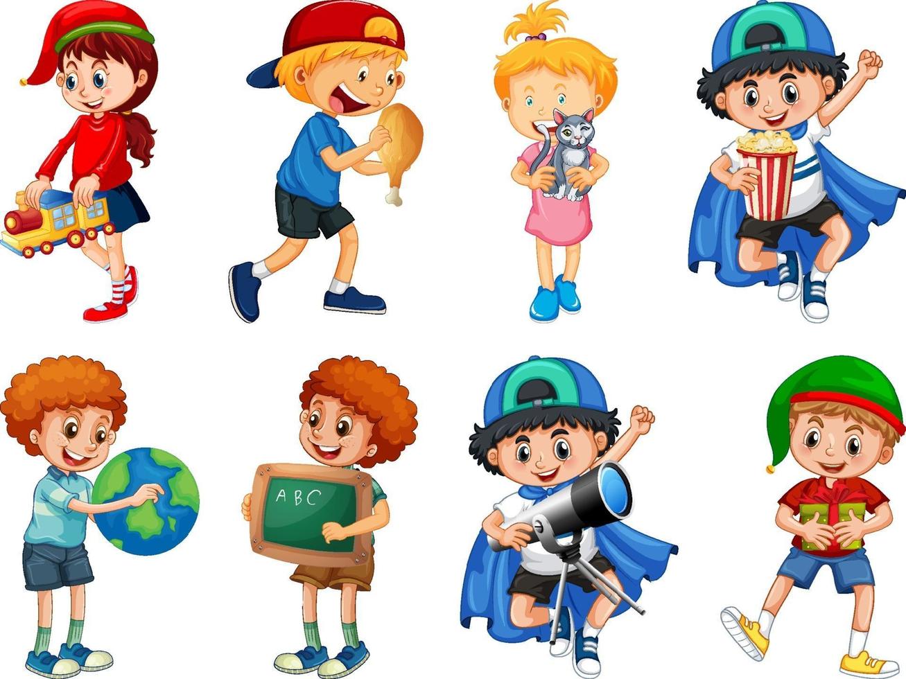 Different kid playing with their toys cartoon character vector