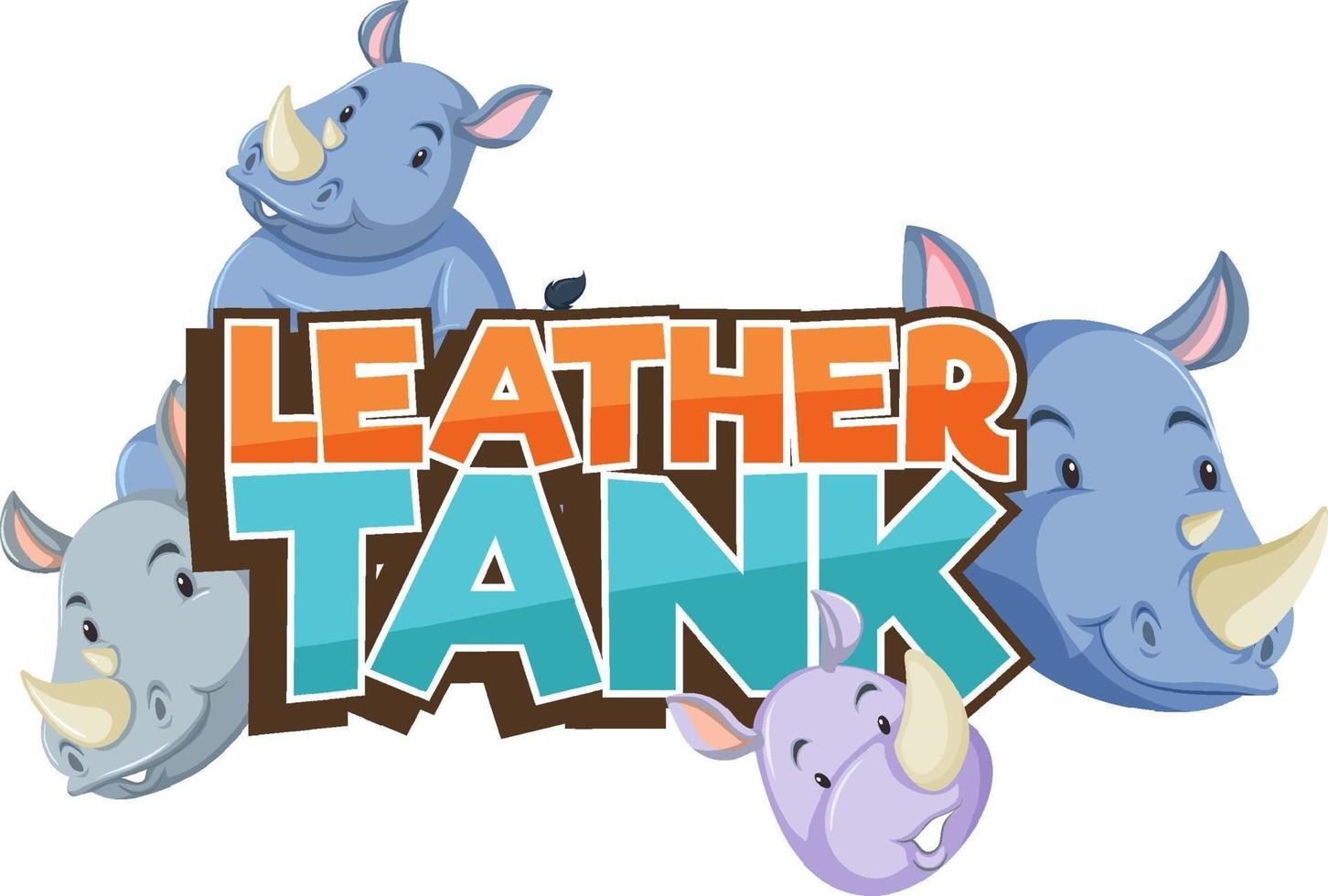 Rhinoceros cartoon character with Leather Tank font banner isolated vector