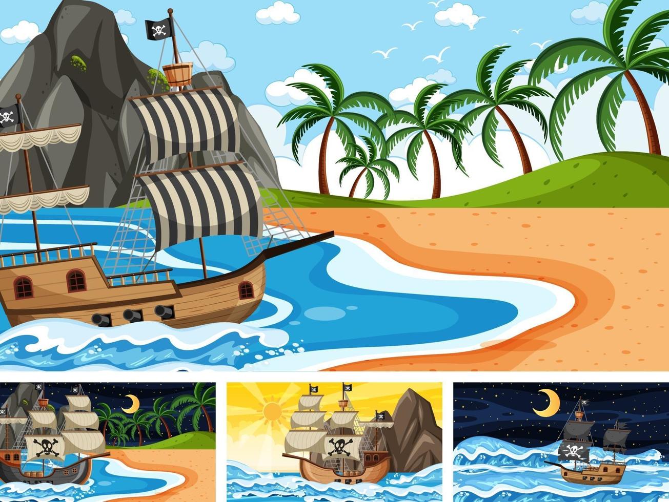 Diferentes escenas oceánicas con barco pirata. vector