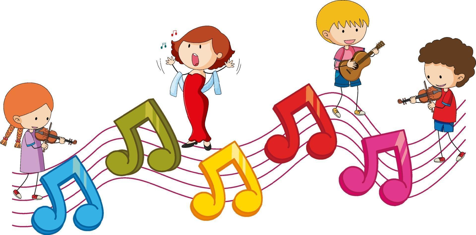 Símbolos de melodía musical colorida con personaje de dibujos animados de  niños doodle 3222888 Vector en Vecteezy