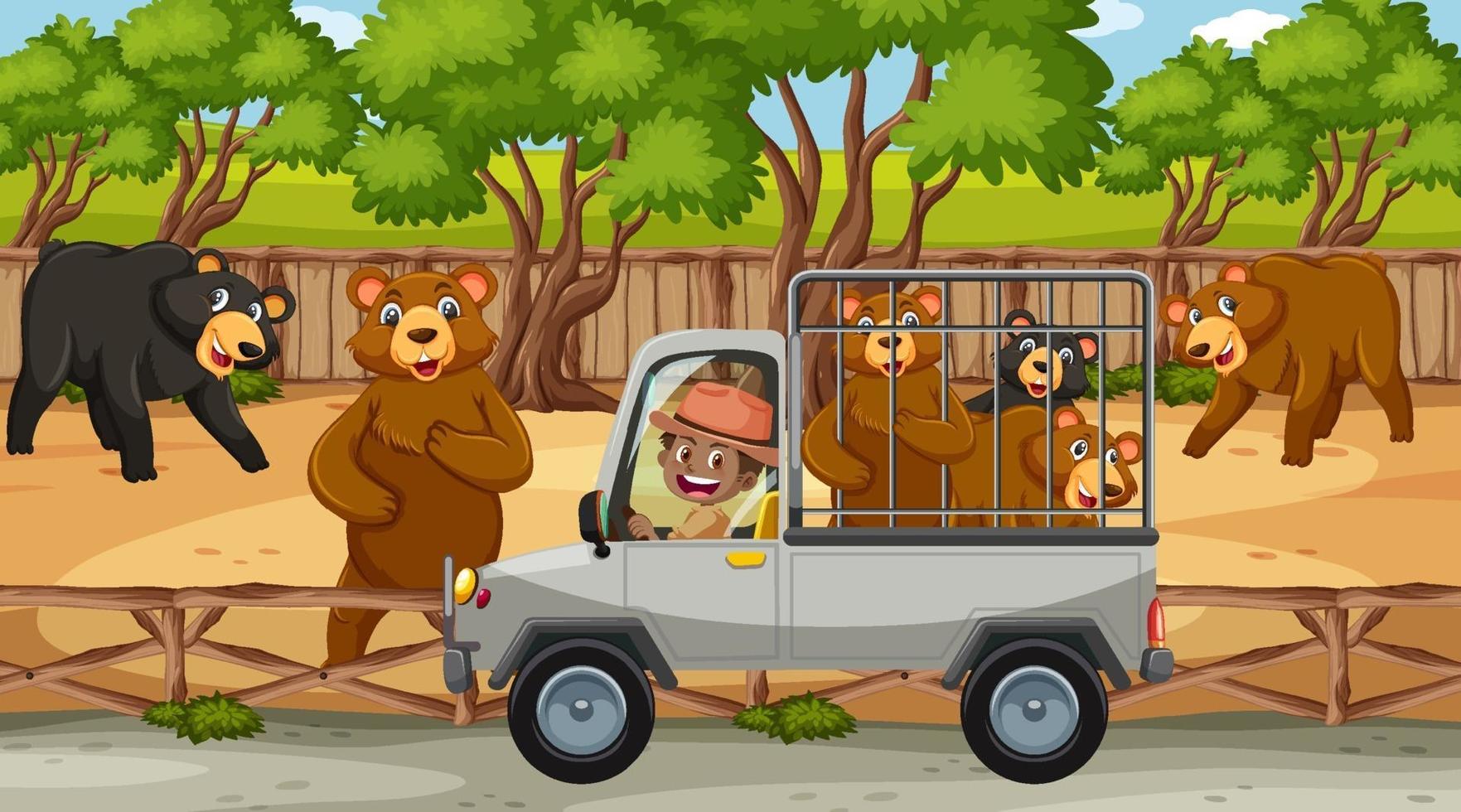 Escena de safari con muchos osos en el coche de la jaula. vector