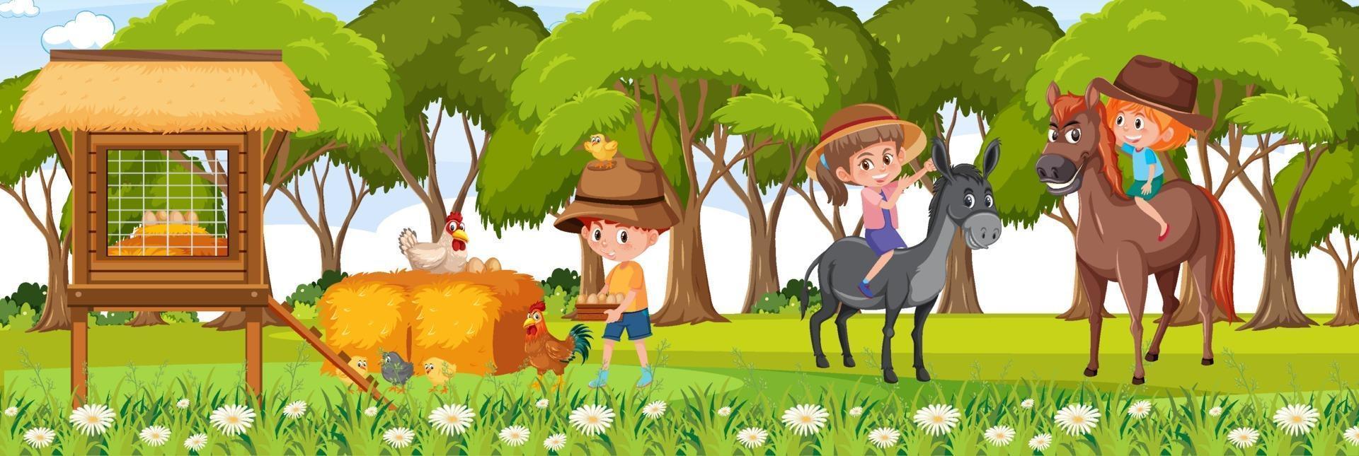 Escena de paisaje horizontal de granja con muchos niños. vector