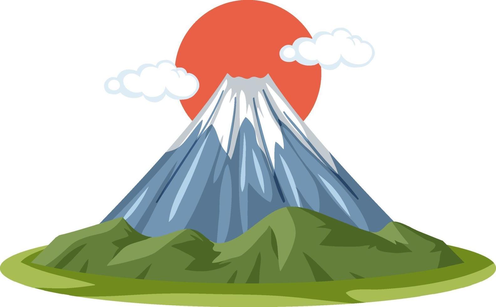 Monte Fuji con sol rojo en estilo de dibujos animados aislado sobre fondo blanco. vector