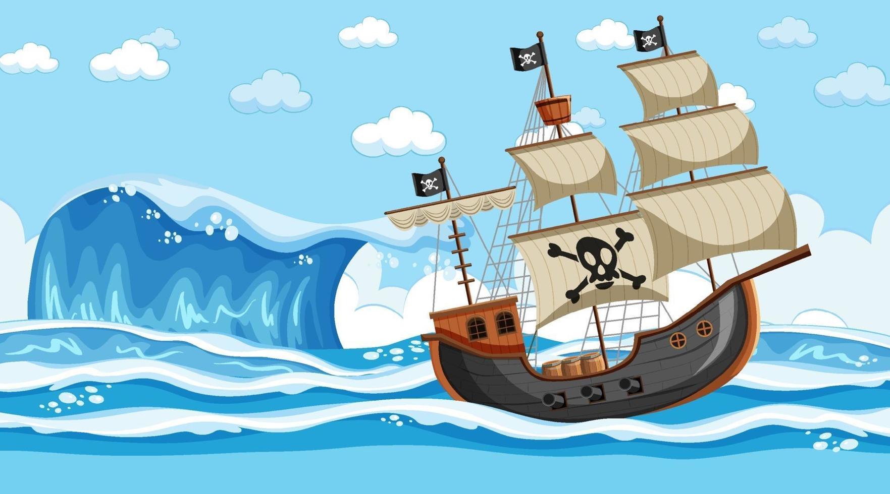escena del océano durante el día con barco pirata en estilo de dibujos animados vector