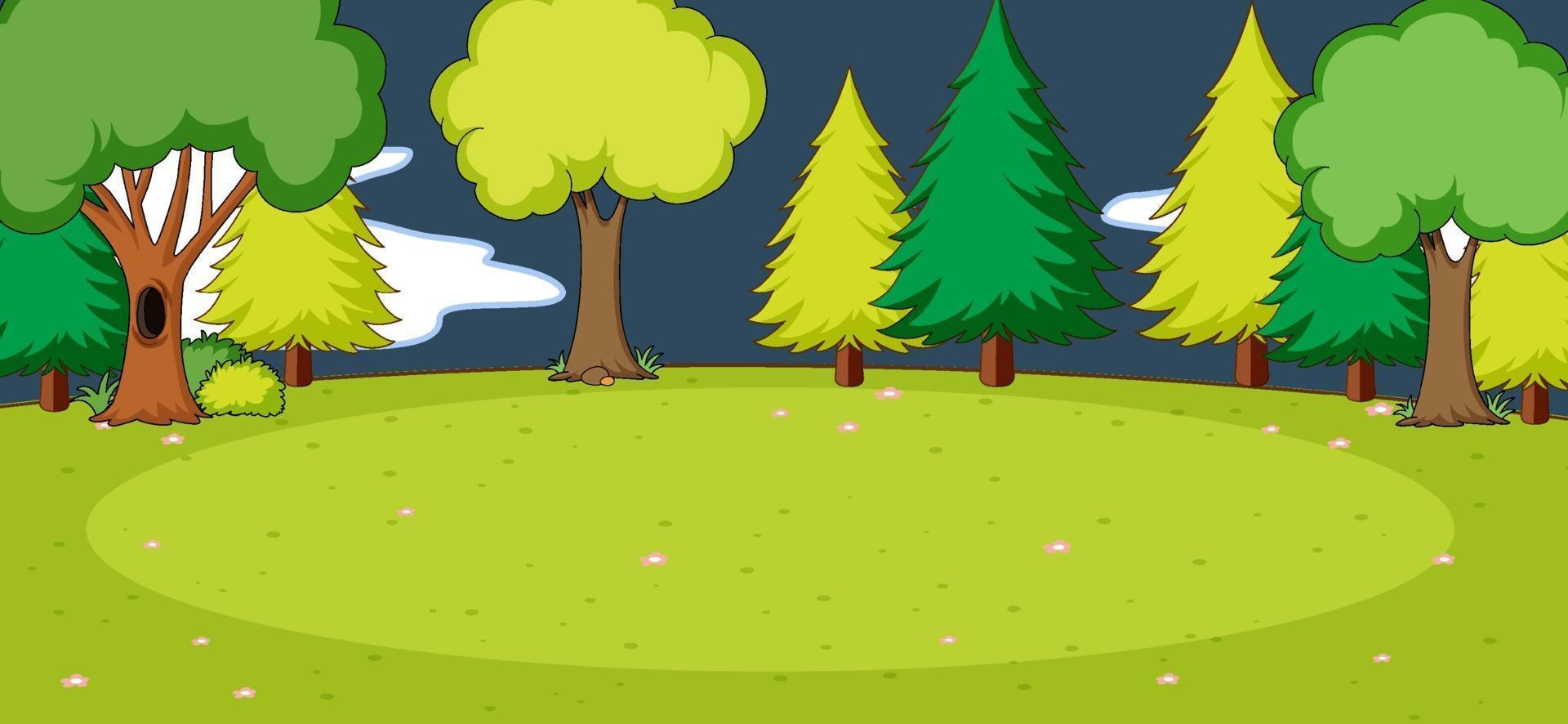 Empty park scene with many trees at night in simple style vector