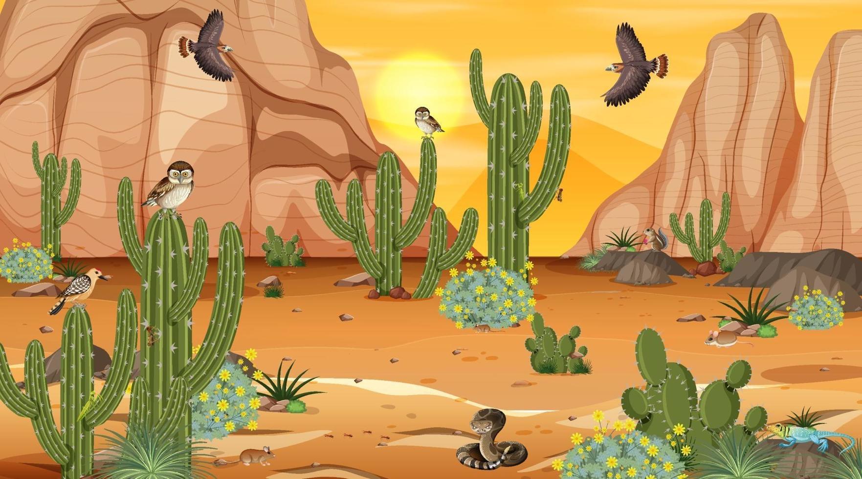 Desert forest landscape at sunset scene with desert animals and plants vector