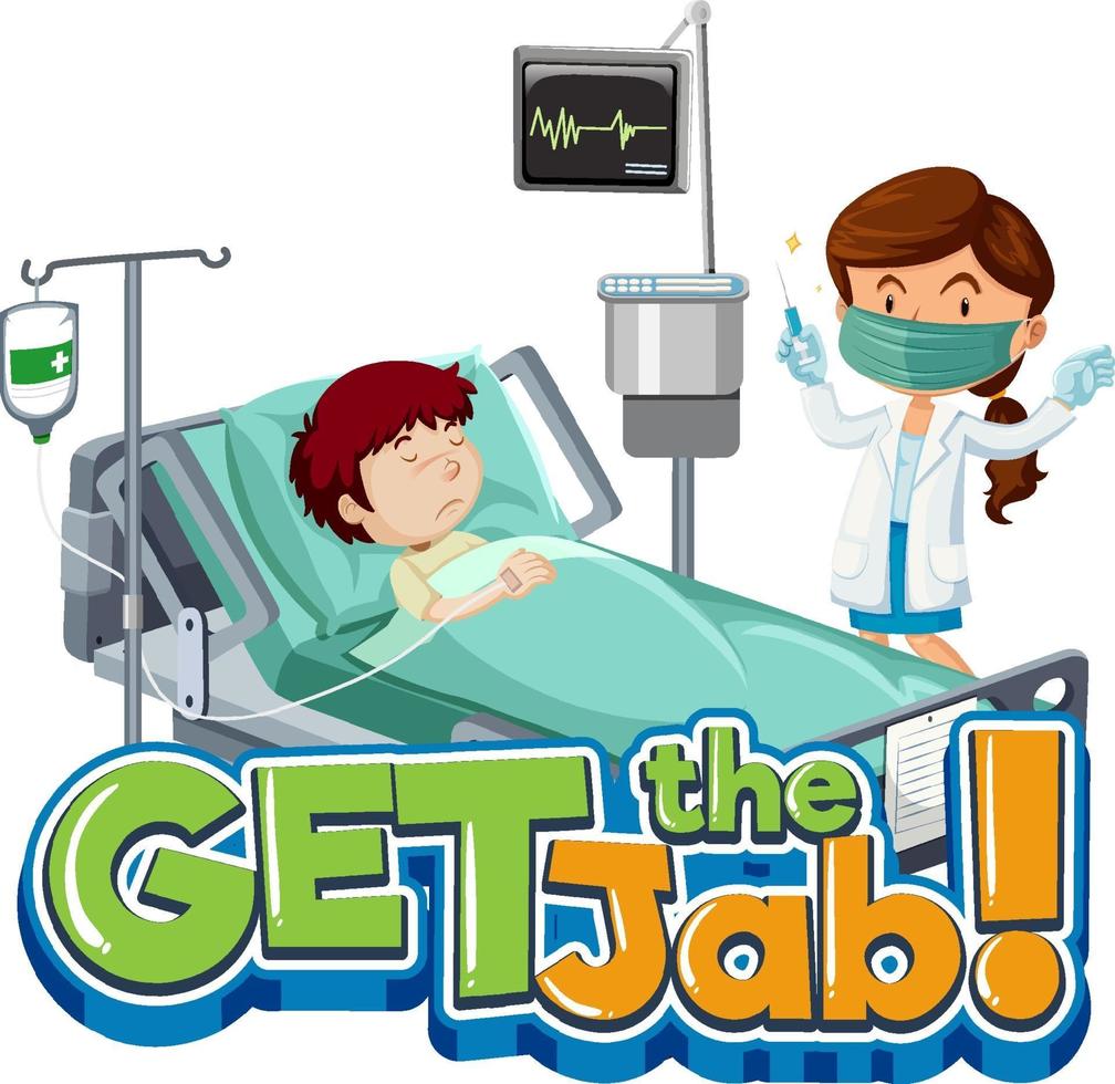 Get the Jab font banner with patient and doctor cartoon character vector