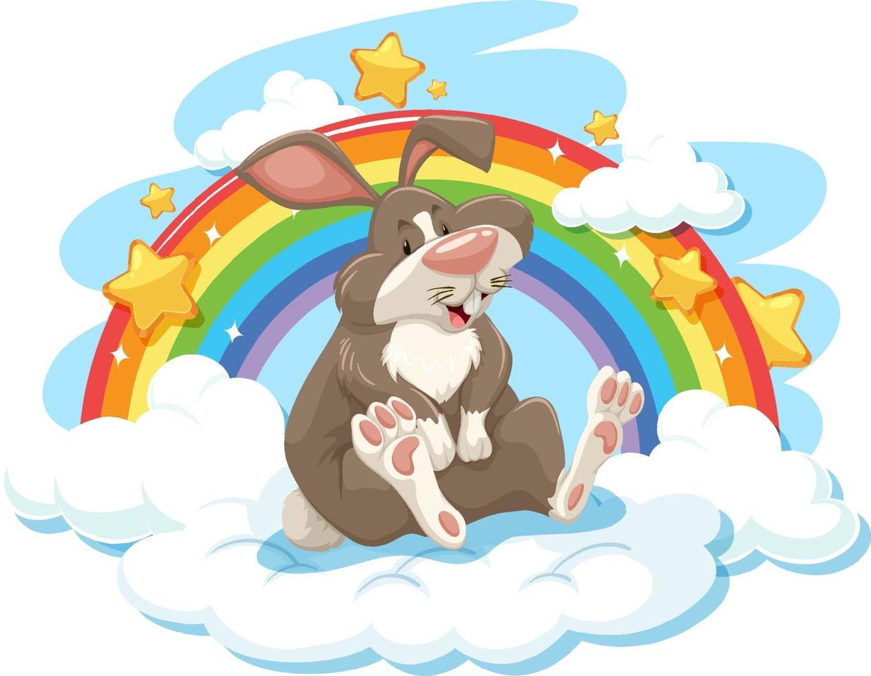 lindo conejo en la nube con arcoiris vector