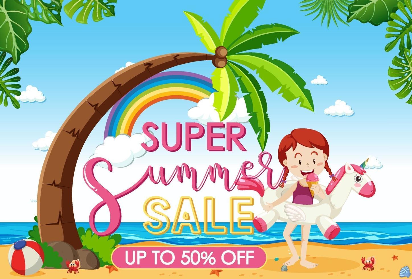 banner de venta de súper verano con una niña feliz en la playa vector