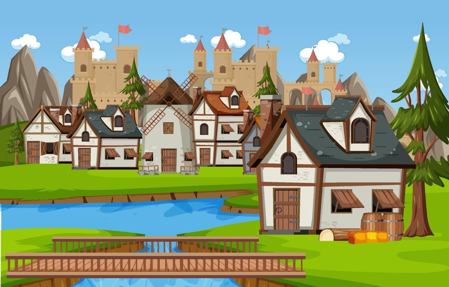 Medieval village scene with castle background vector