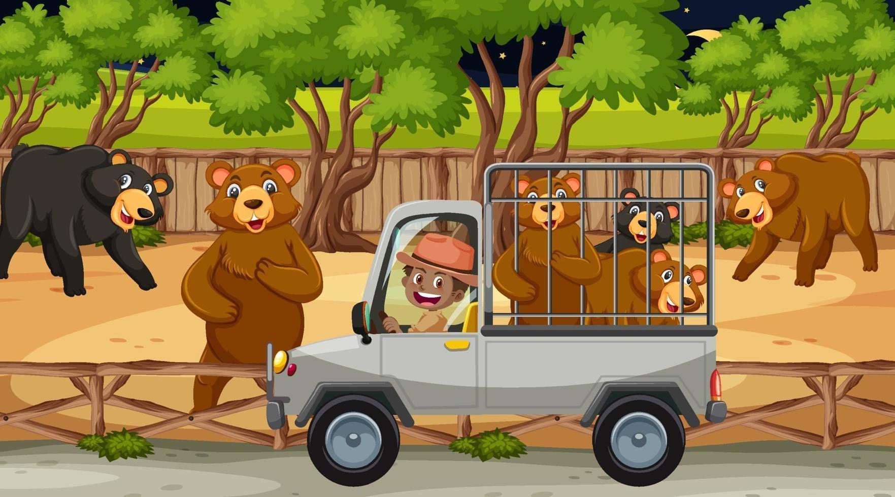 concepto de zoológico con grupo de osos en el coche de la jaula vector