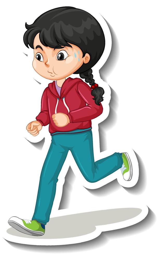 Pegatina de personaje de dibujos animados con una niña corriendo sobre fondo blanco vector