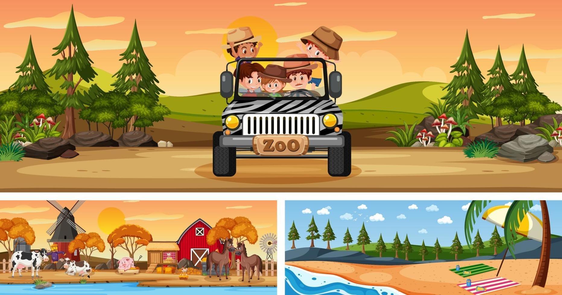 Set of different outdoor landscape scenes with cartoon character vector