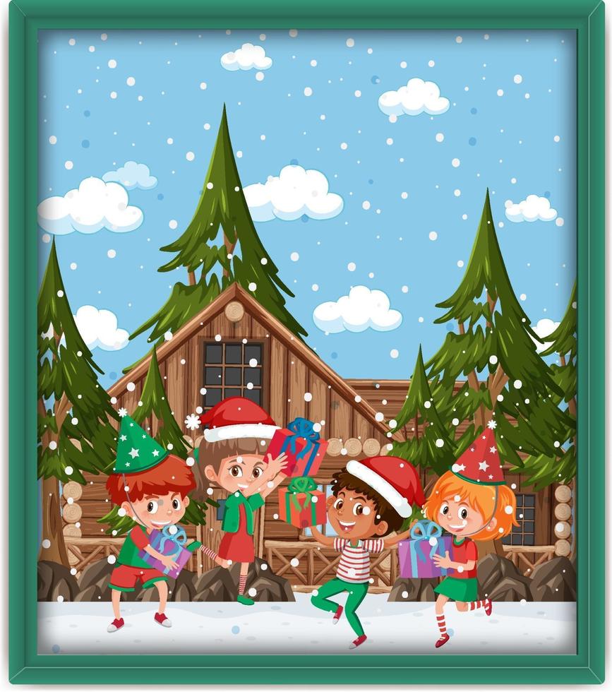 Happy kids in Christmas theme photo in a frame vector