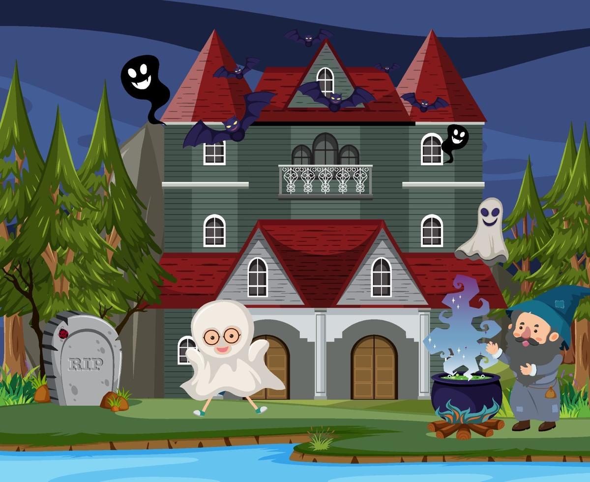 Scene with halloween haunted mansion at night vector