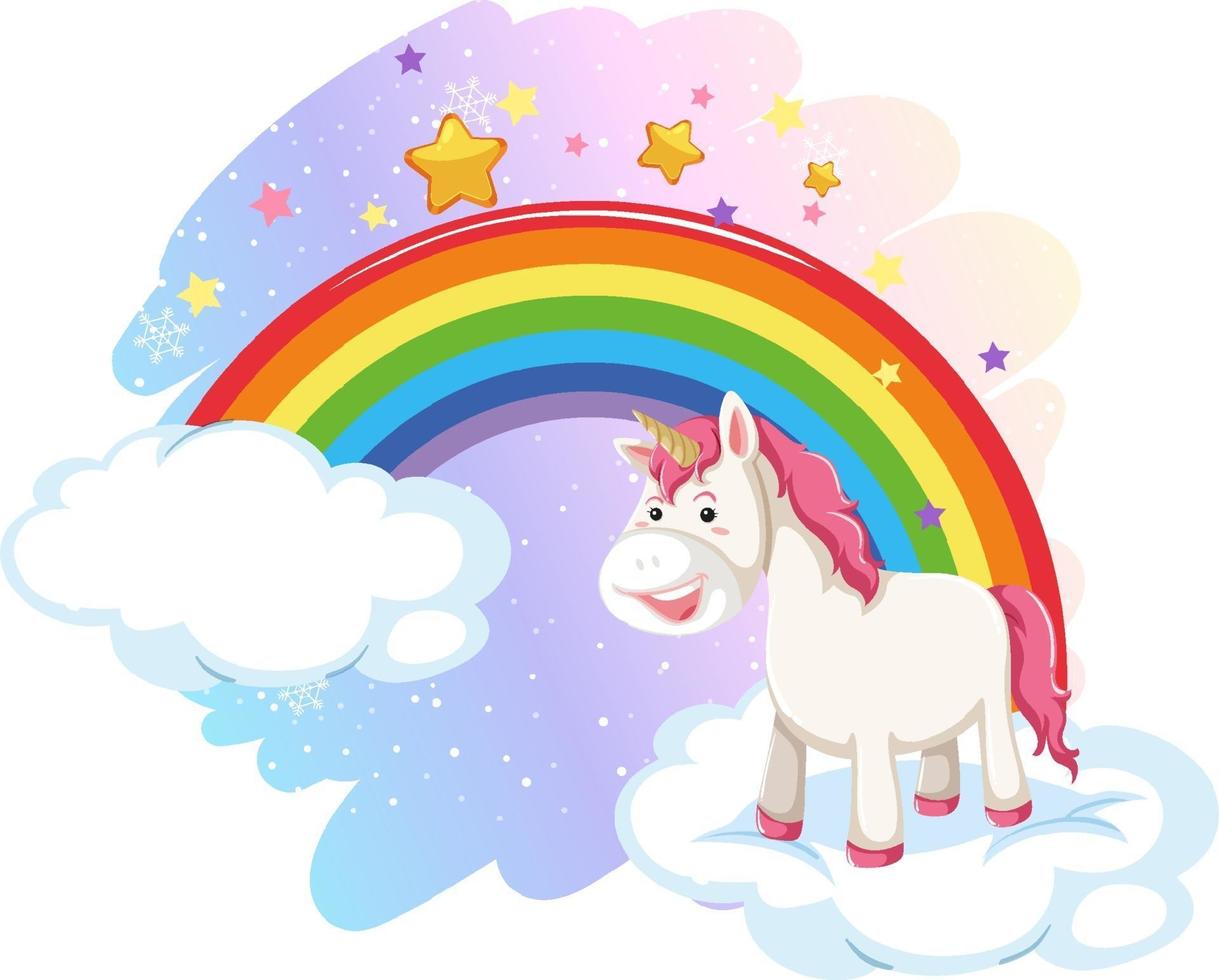 lindo unicornio en el cielo pastel con arcoiris vector