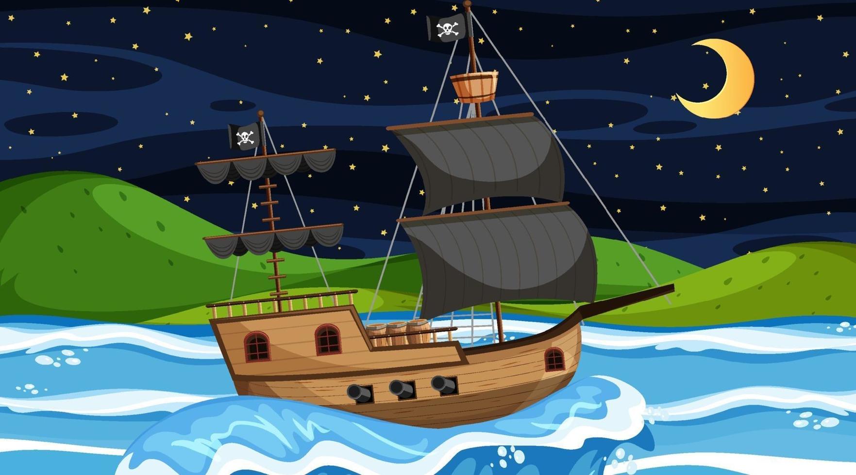 océano con barco pirata en la escena nocturna en estilo de dibujos animados vector