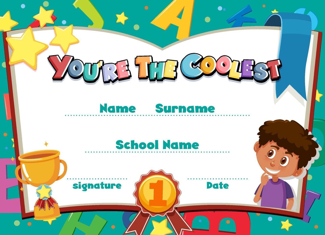 Cute motivational cartoon certificate for children vector