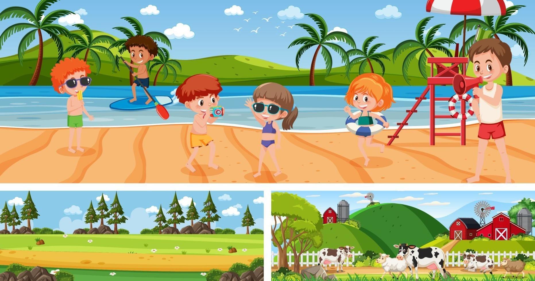 Set of different outdoor landscape scenes with cartoon character vector