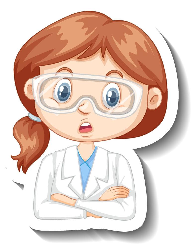 retrato de una niña en bata de ciencia pegatina de personaje de dibujos animados vector