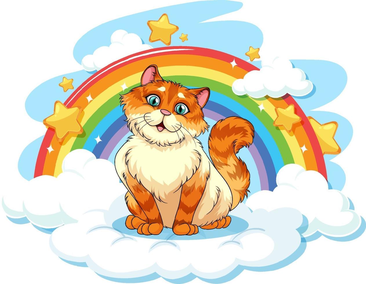 gato gordito en la nube con arcoiris vector