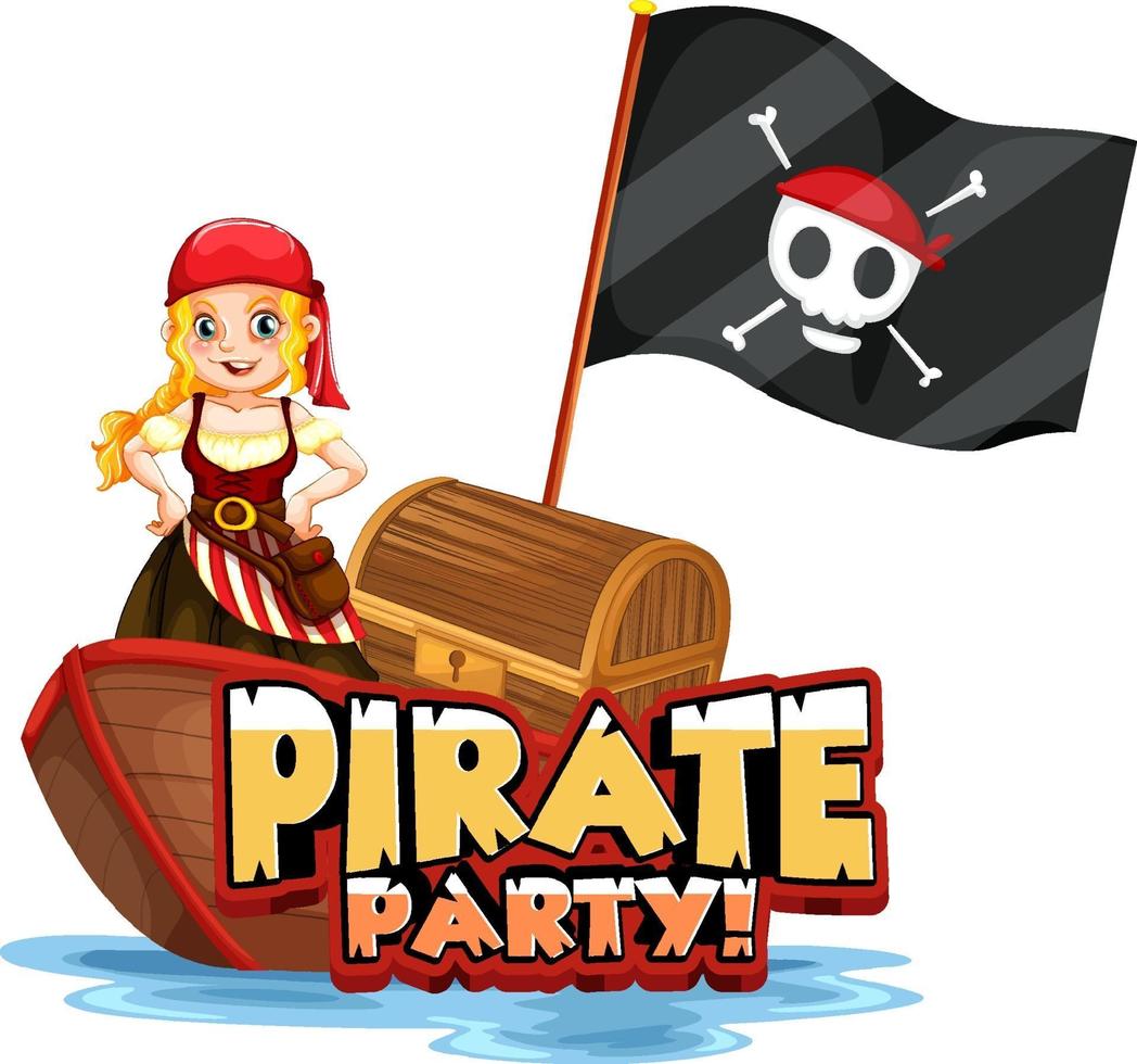 Banner de fuente de fiesta pirata con una niña pirata de pie en un barco vector