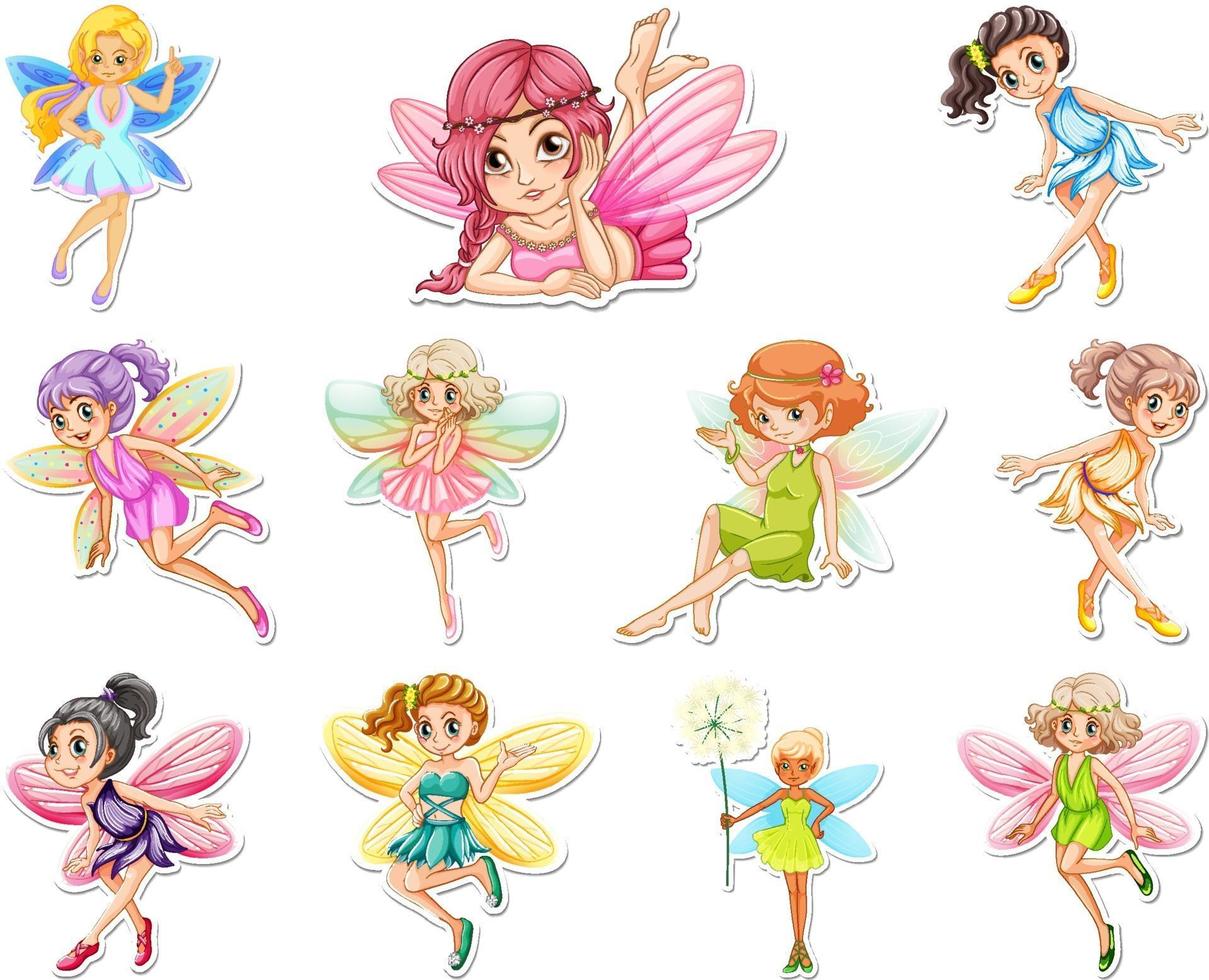 Set of stickers with beautiful fairies and mermaid cartoon character vector