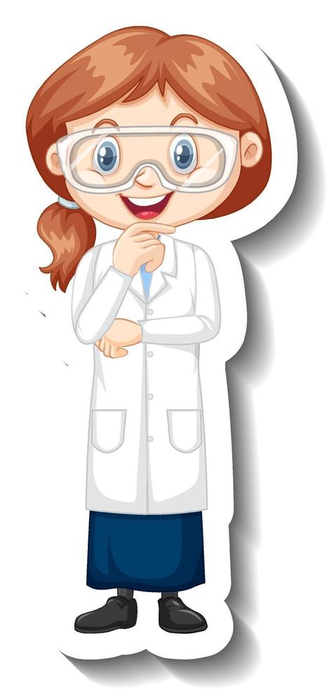 pegatina de personaje de dibujos animados con una chica en bata de ciencia vector